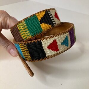 Woven Geometric Leather Belt Boho Multi Color Buckle Tan‎ Vintage 34 in Flaw